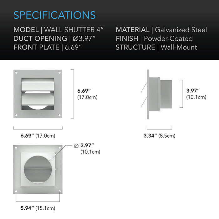 AC Infinity Wall-Mount Duct Shutter, White Steel, 4"