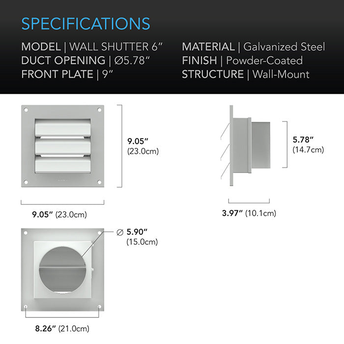 AC Infinity Wall-Mount Duct Shutter, White Steel, 6"