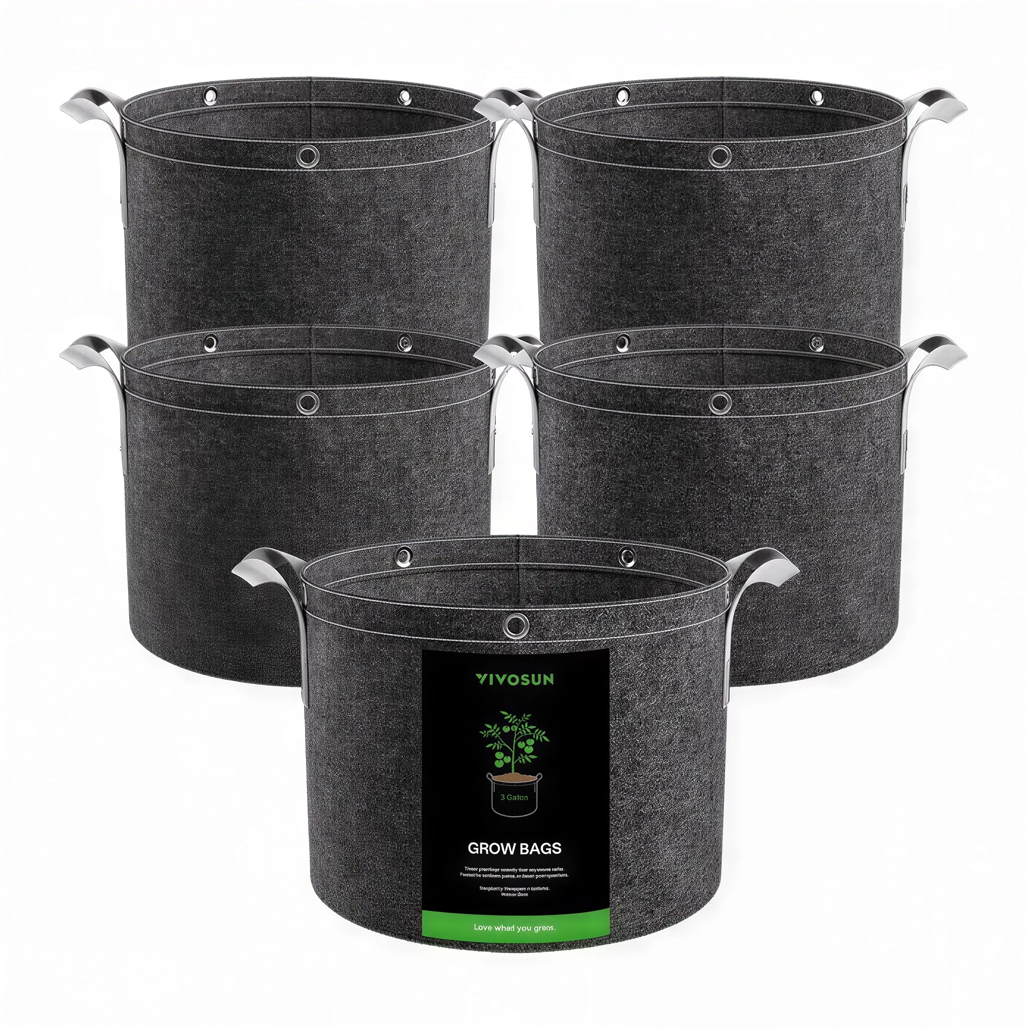 Vivosun Thick Nonwoven Fabric Pot with Handles & Multi-Purpose Rings, 3 Gallon, Pack of 5