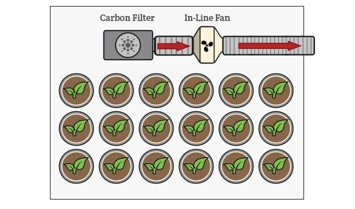 grow room fan running 24/7 to expel odors